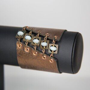 Bronze Leather Punk Wasteland Steampunk Style Cuff Bracelet with Blue Stones